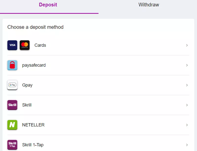 choose a deposit method